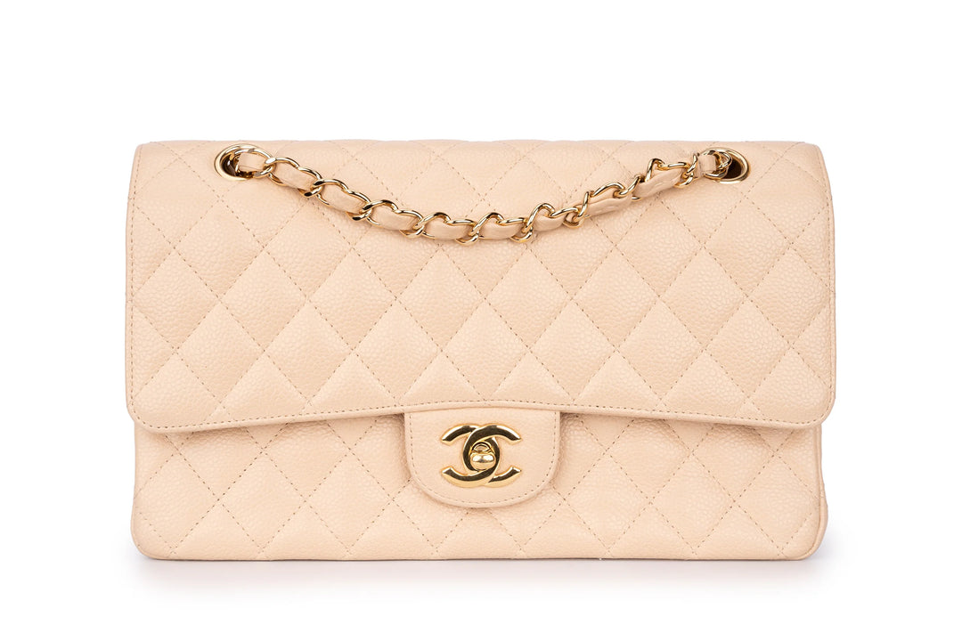 Chanel Classic Medium Double Flap Bag in Beige Caviar Leather with Light Gold Hardware - Gemaee  UAE