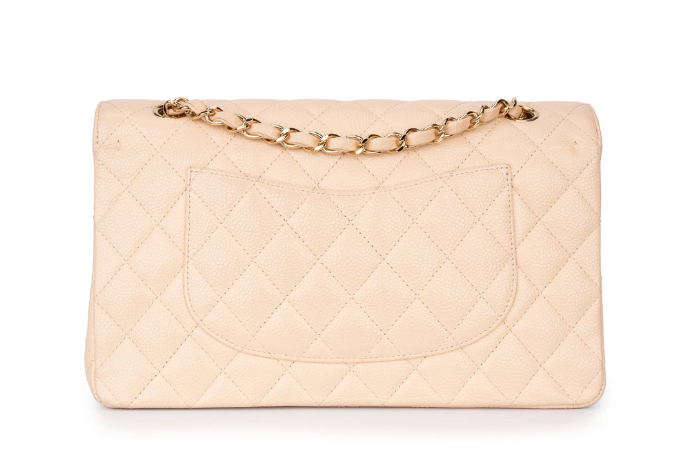 Chanel Classic Medium Double Flap Bag in Beige Caviar Leather with Light Gold Hardware - Gemaee  UAE