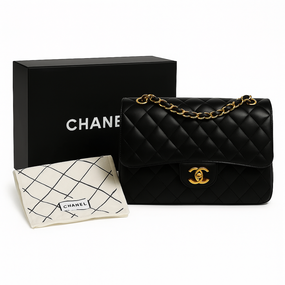 Chanel Jumbo Classic Double Flap Bag in Black Quilted Lambskin with Gold-Tone Hardware - Gemaee  UAE