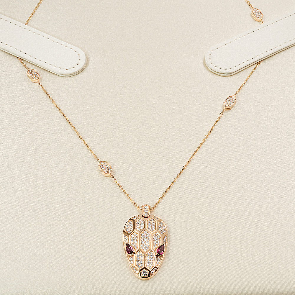 Bulgari Serpenti Necklace in 18K Rose Gold with Pavé Diamonds and Rubellite Eyes - Gemaee  UAE