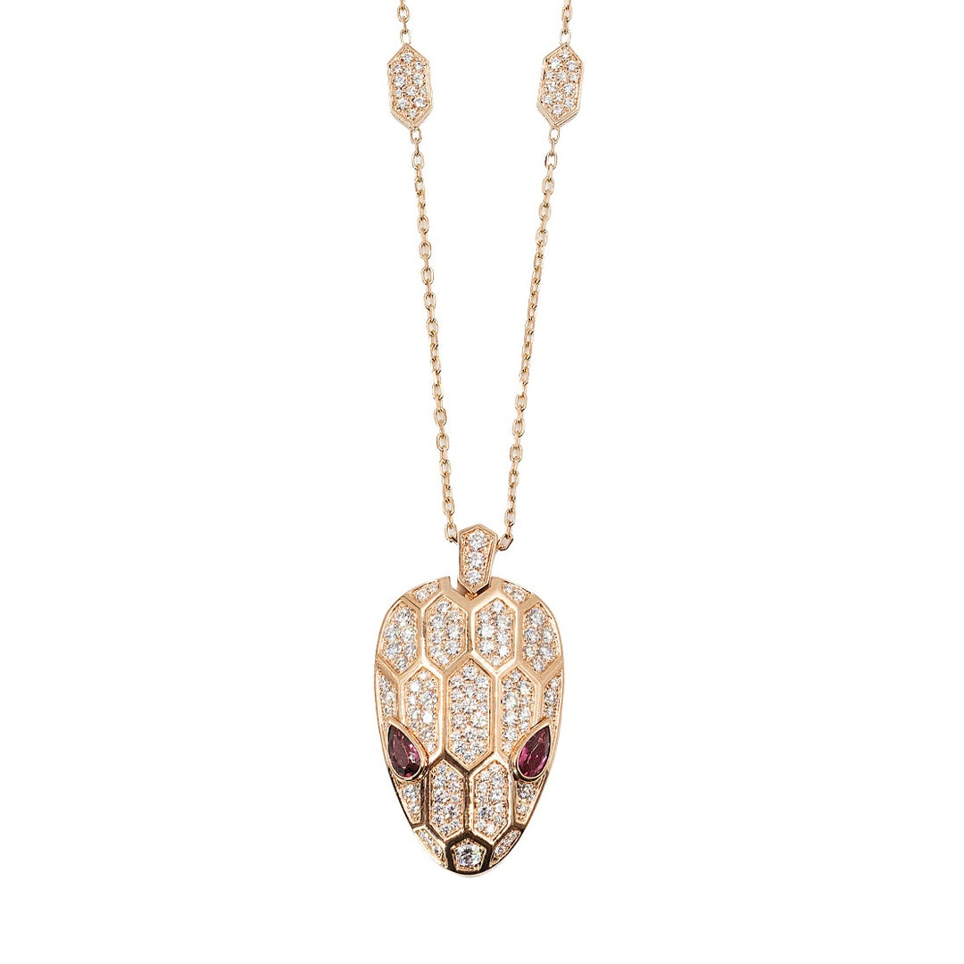 Bulgari Serpenti Necklace in 18K Rose Gold with Pavé Diamonds and Rubellite Eyes - Gemaee  UAE