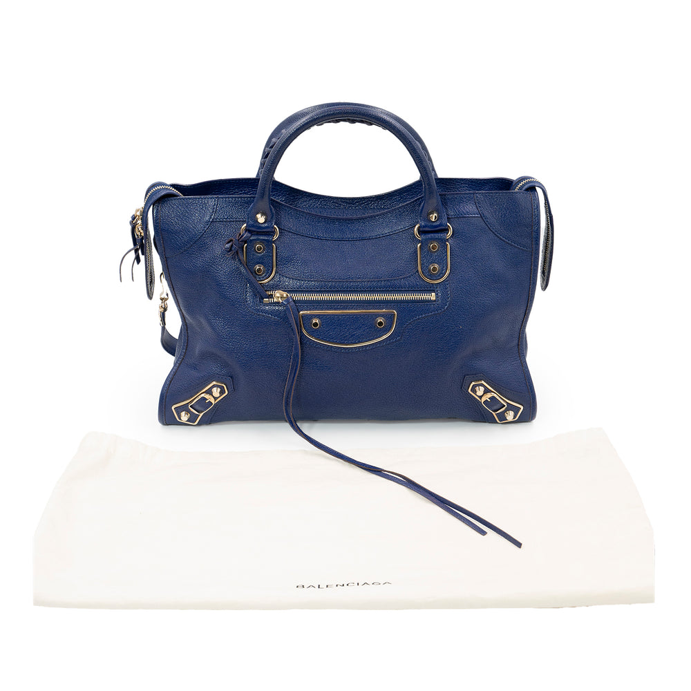 Balenciaga Blue Leather Classic Metallic Edge City Bag - Gemaee  UAE
