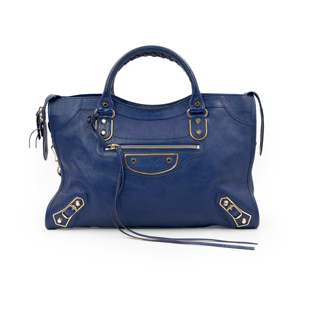 Balenciaga Blue Leather Classic Metallic Edge City Bag - Gemaee  UAE