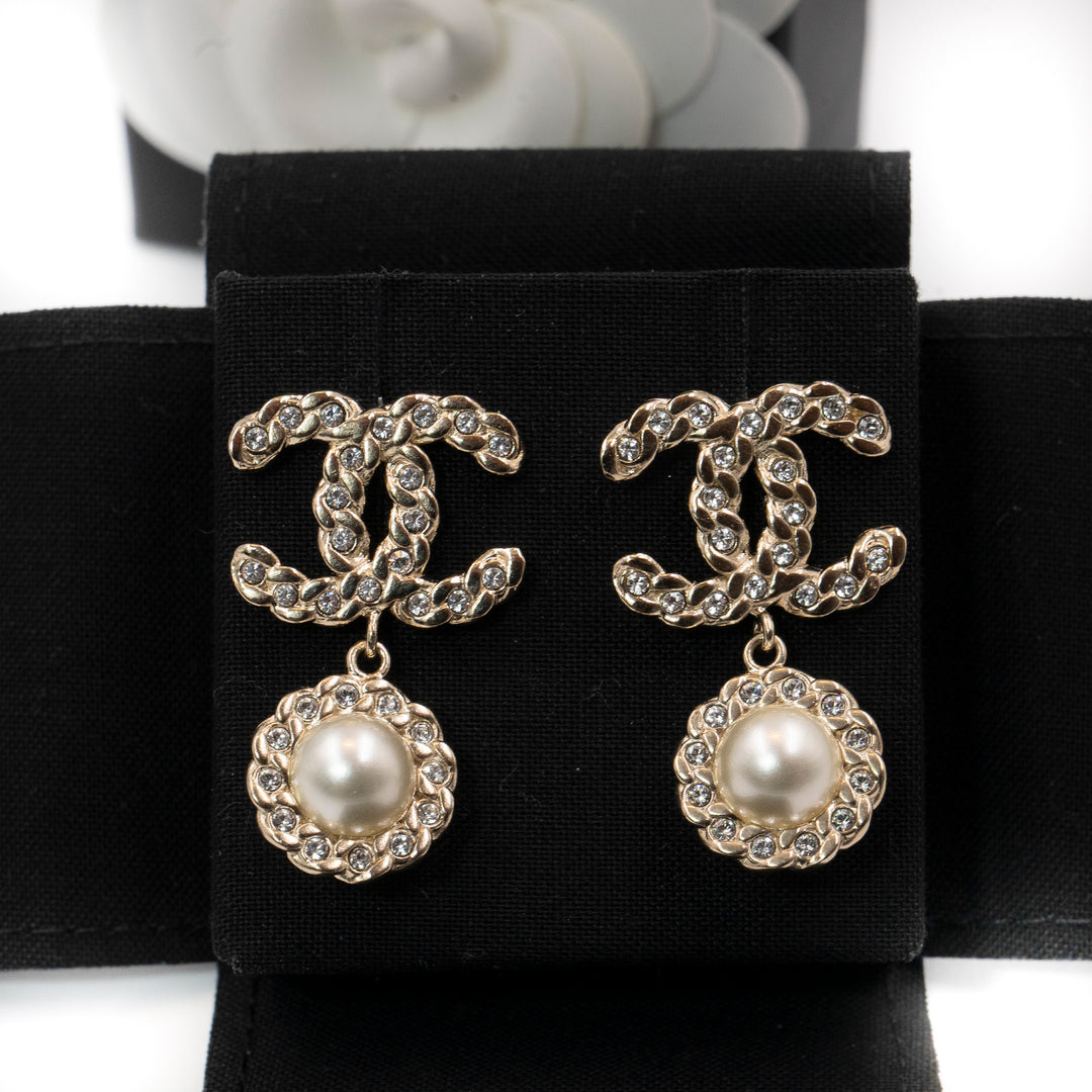 Chanel Pale Gold Tone Crystal & Faux Pearl CC Drop Earrings - Gemaee  UAE