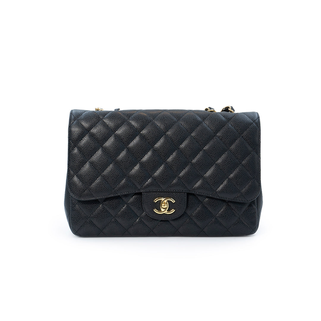 Chanel Classic Jumbo Single Flap Bag in Black Caviar Leather with Gold Hardware - Gemaee  UAE
