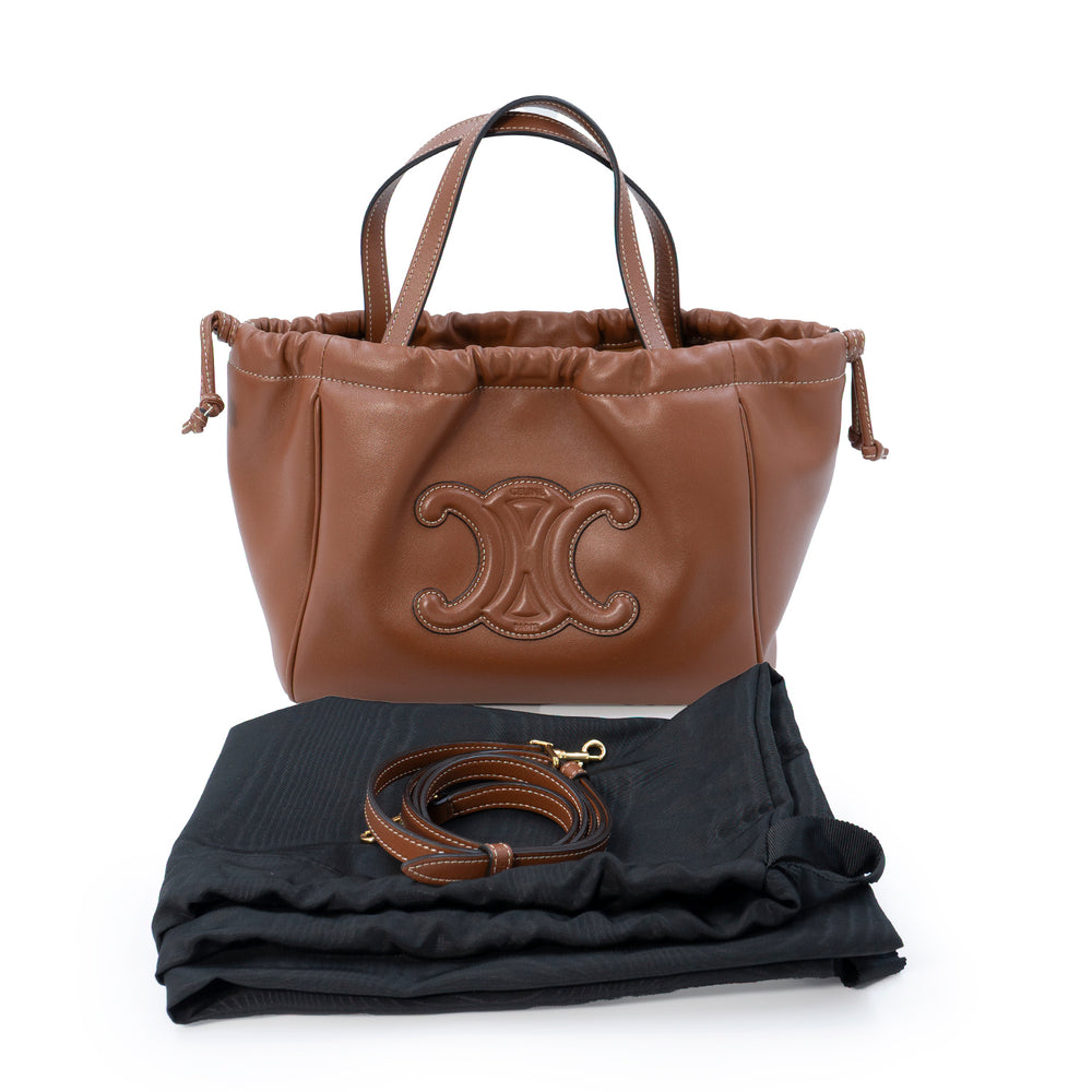 Céline Small Drawstring Bucket Bag in Tan Smooth Calfskin Leather with Triomphe Logo - Gemaee  UAE