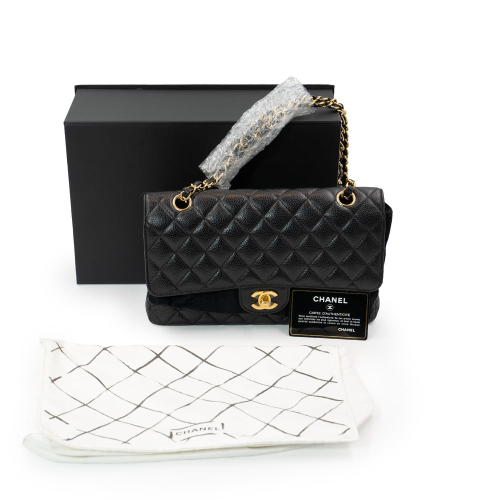 Chanel Medium Classic Double Flap Bag in Black Caviar Leather with Gold Hardware - Gemaee  UAE