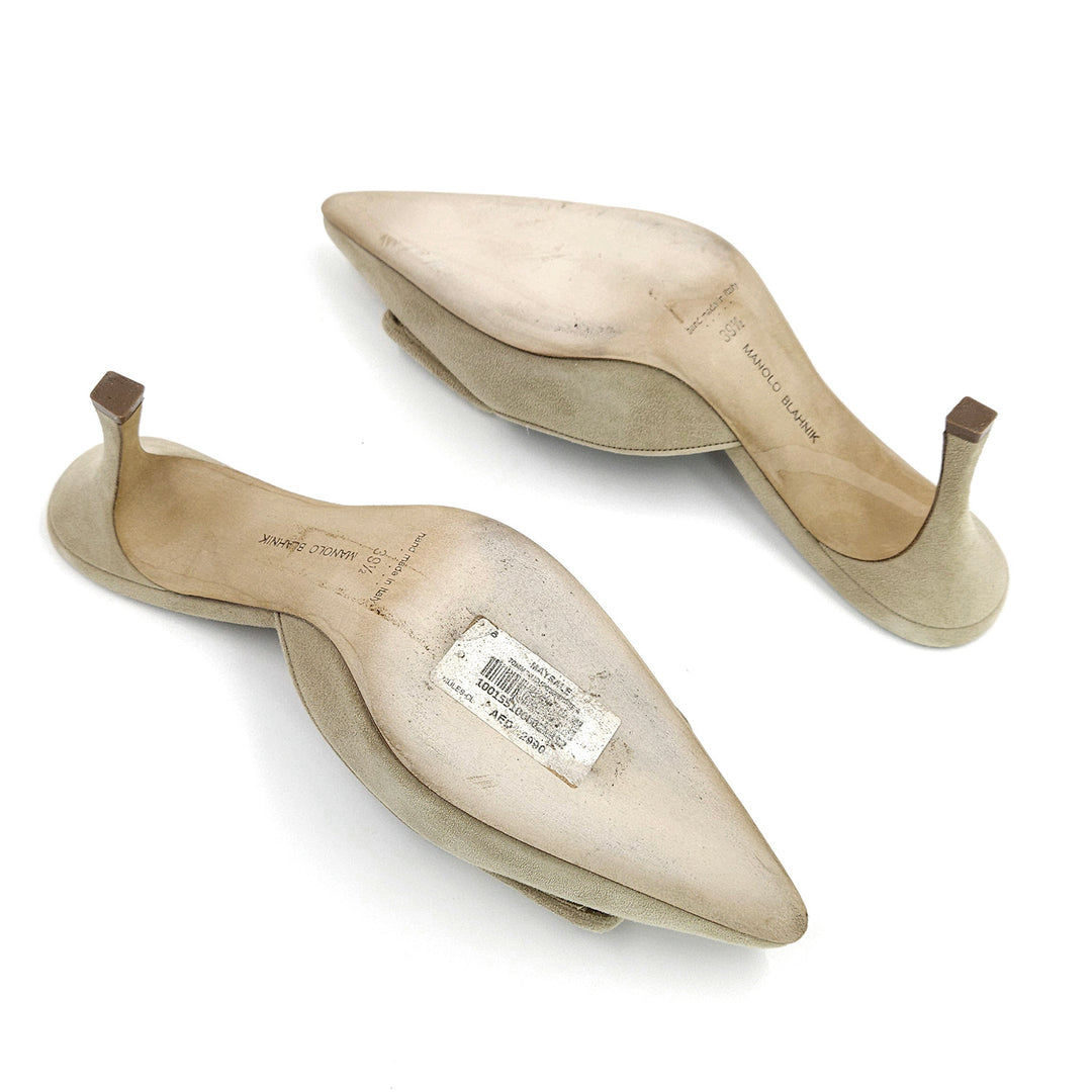 Manolo Blahnik Beige Suede Maysale Mules Sandals - Gemaee  UAE