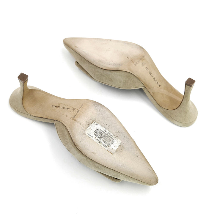 Manolo Blahnik Beige Suede Maysale Mules Sandals - Gemaee  UAE