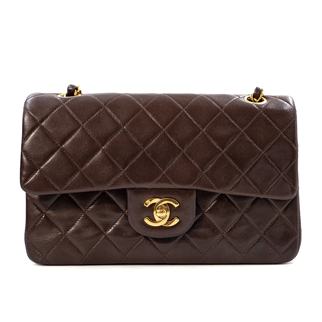 Chanel Chocolate Brown Lambskin vintage classic flap small chain