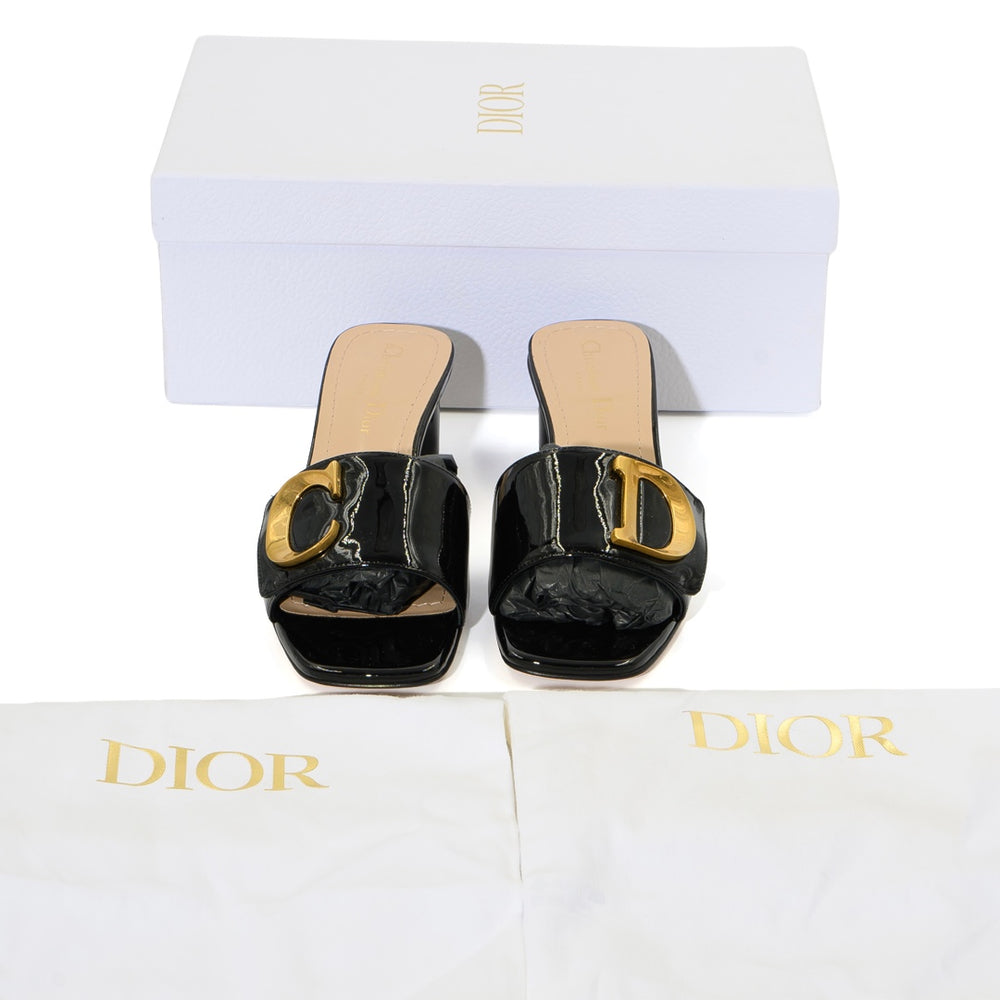 Christian Dior Dway Slides – Black Patent Leather with Gold CD Hardware - Gemaee  UAE