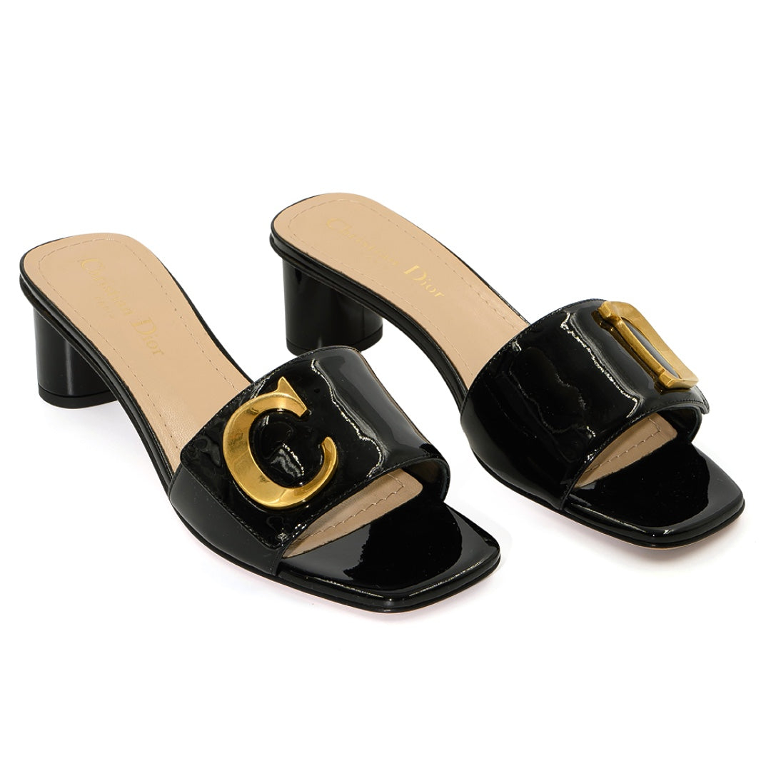 Christian Dior Dway Slides – Black Patent Leather with Gold CD Hardware - Gemaee  UAE