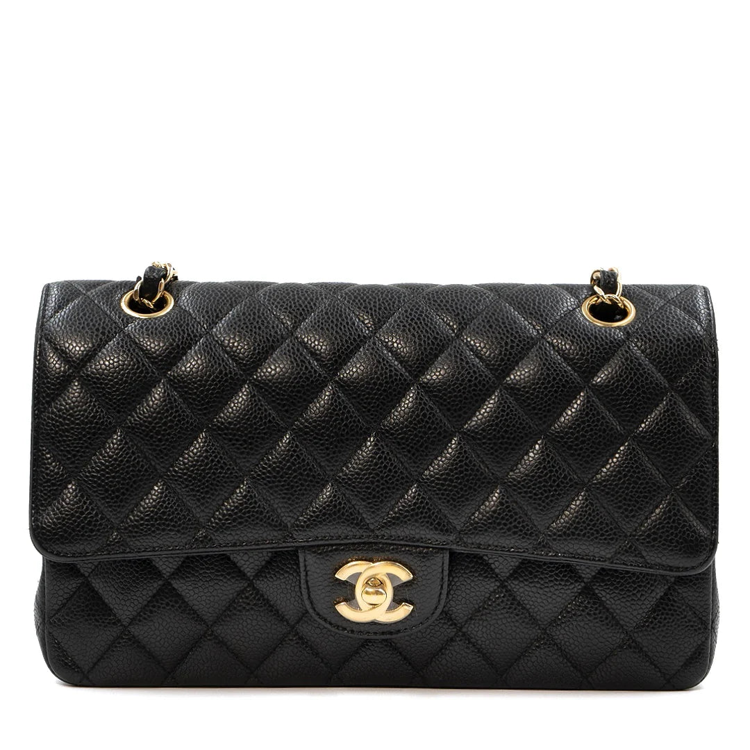 Chanel Medium Classic Double Flap Bag in Black Caviar Leather with Gold Hardware - Gemaee  UAE