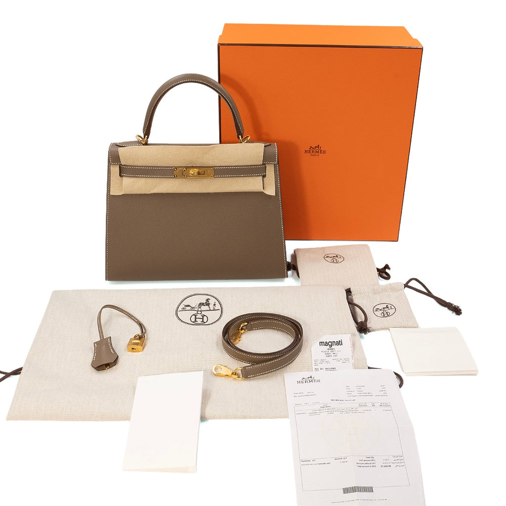 Hermès Kelly II Sellier 28 Epsom Calfskin in Etoupe with Gold Hardware - Gemaee  UAE