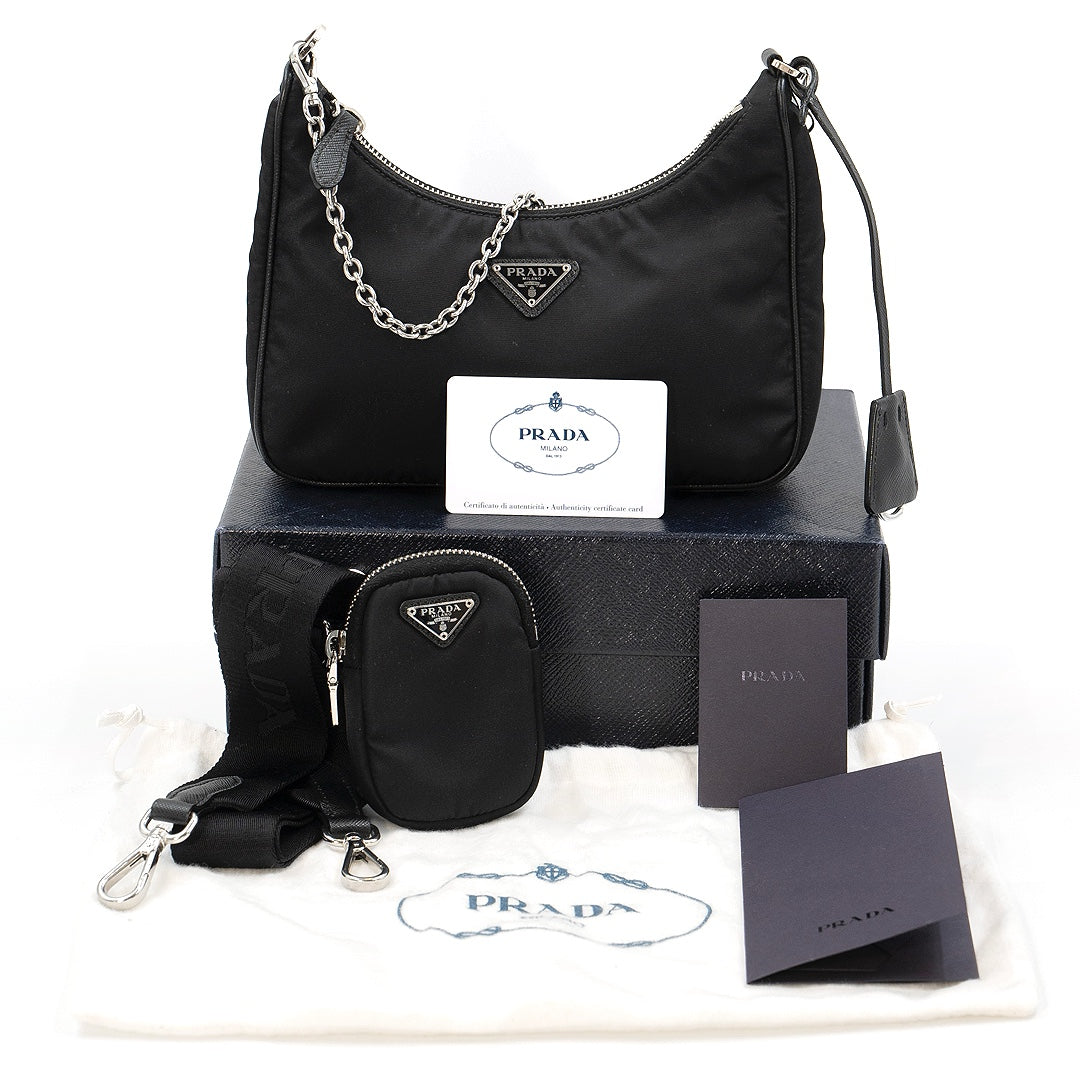 Prada Re-Edition 2005 Black Re-Nylon Shoulder Bag with Saffiano Leather Trim and Detachable Pouch - Gemaee  UAE