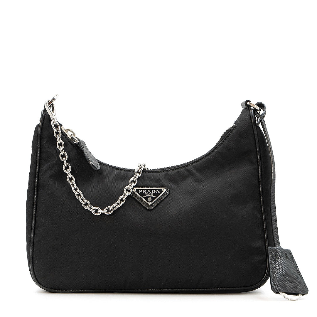 Prada Re-Edition 2005 Black Re-Nylon Shoulder Bag with Saffiano Leather Trim and Detachable Pouch - Gemaee  UAE