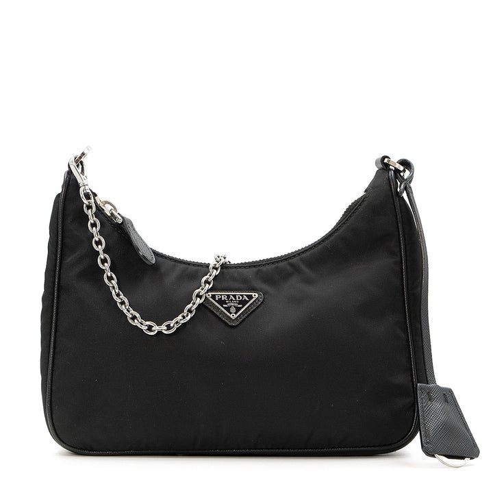 Prada Re-Edition 2005 Black Re-Nylon Shoulder Bag with Saffiano Leather Trim and Detachable Pouch - Gemaee  UAE
