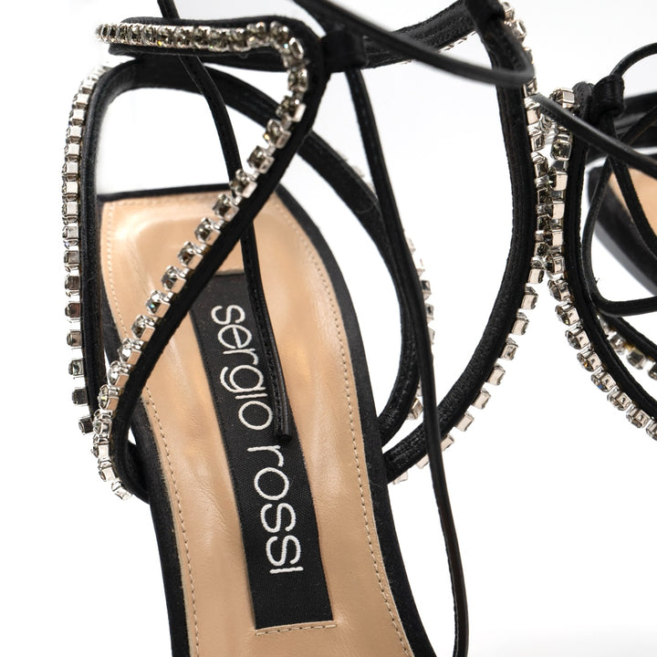 Sergio Rossi Black Satin Crystal-Ankle Wrap Sandals - Gemaee  UAE
