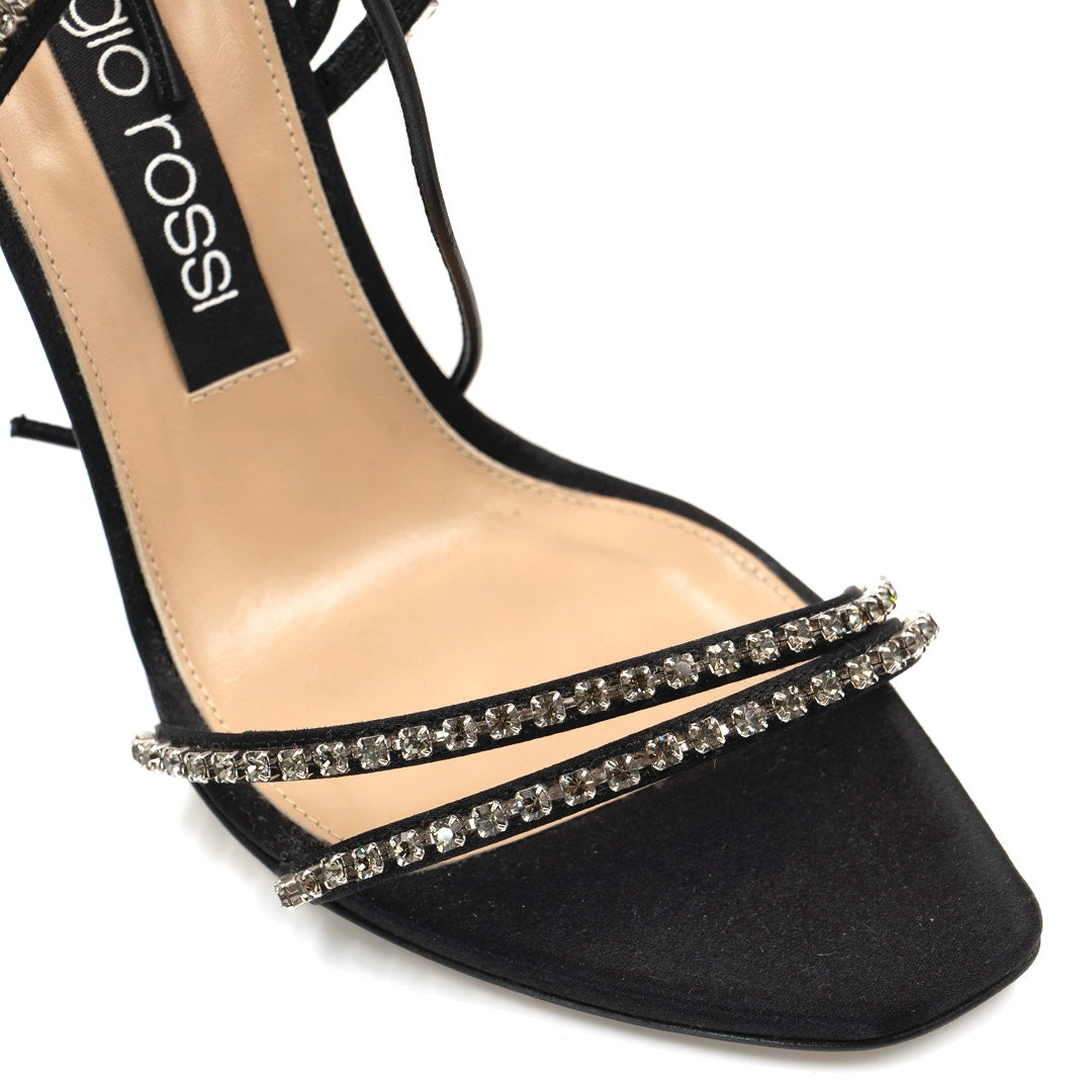 Sergio Rossi Black Satin Crystal-Ankle Wrap Sandals - Gemaee  UAE