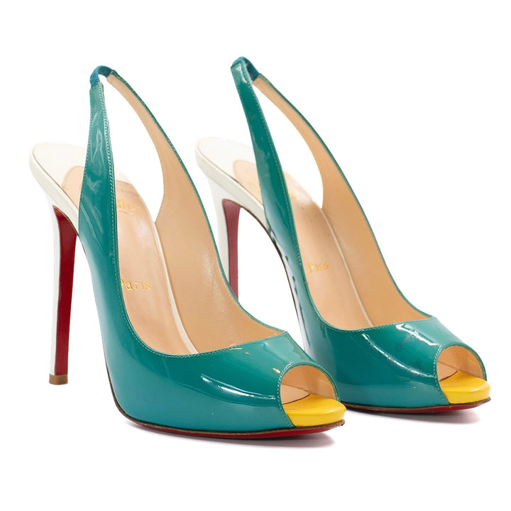 Christian Louboutin Tri-Color Patent Leather Flo Sling Pumps - Gemaee  UAE