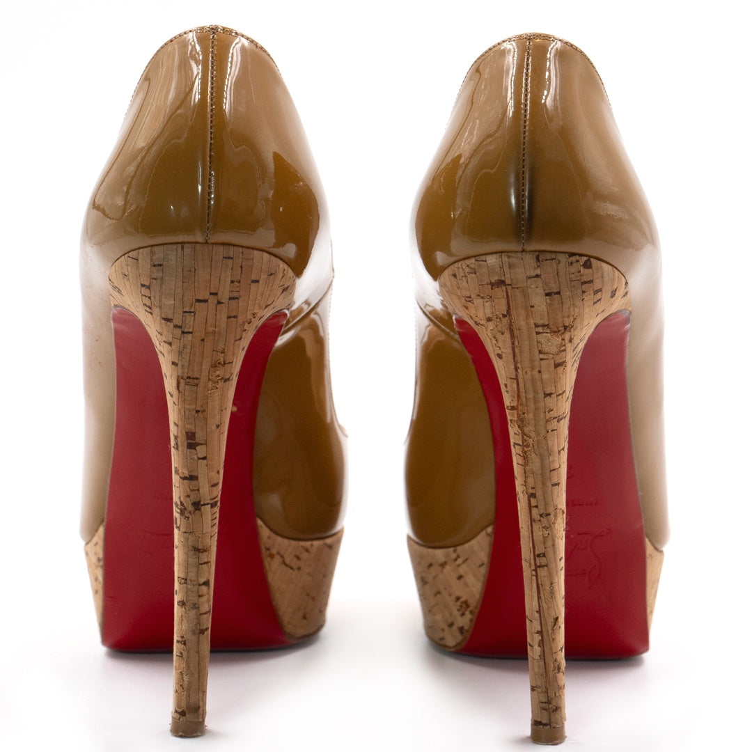 Christian Louboutin Banana Cork Heel Beige Patent Leather Peep Toe Platform Pumps - Gemaee  UAE