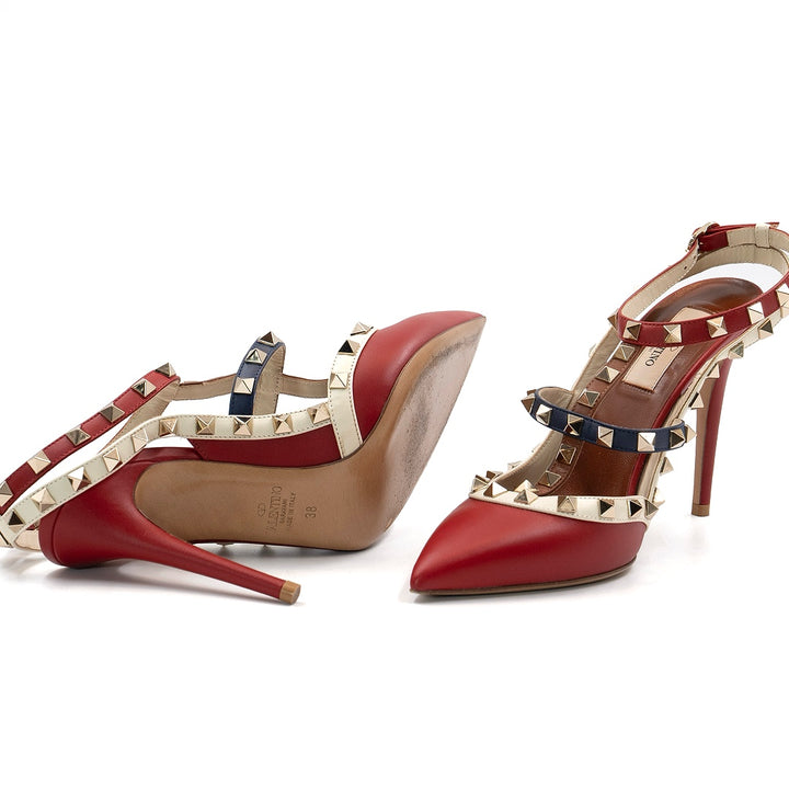 Valentino Garavani Multicolor Leather Rockstud Pointed Toe Ankle Strap Heeled Sandals - Gemaee  UAE