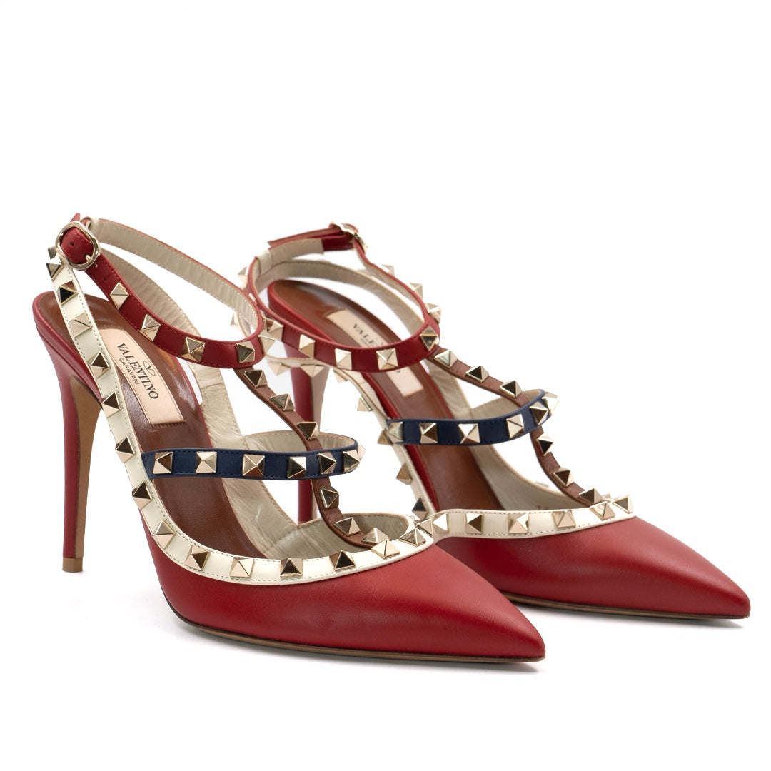Valentino Garavani Multicolor Leather Rockstud Pointed Toe Ankle Strap Heeled Sandals - Gemaee  UAE