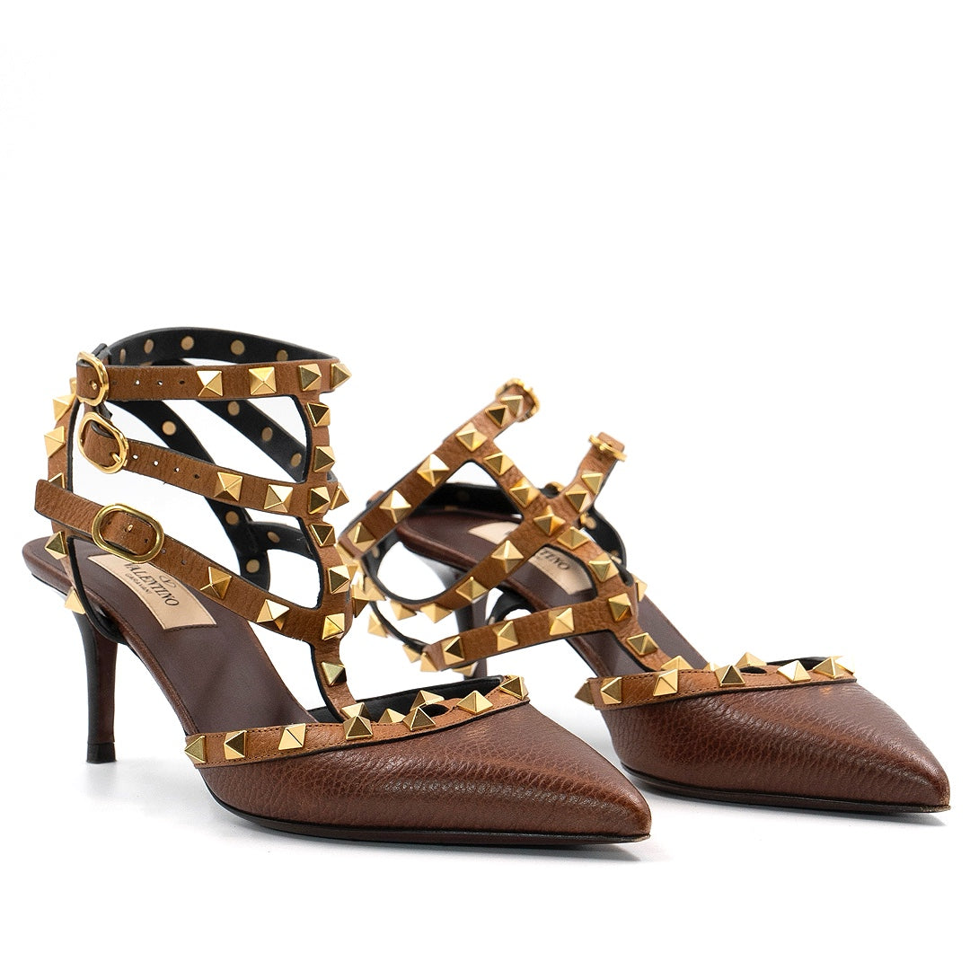 Valentino Garavani Brown Leather Rockstud Pointed Toe Ankle Strap Sandals - Gemaee  UAE