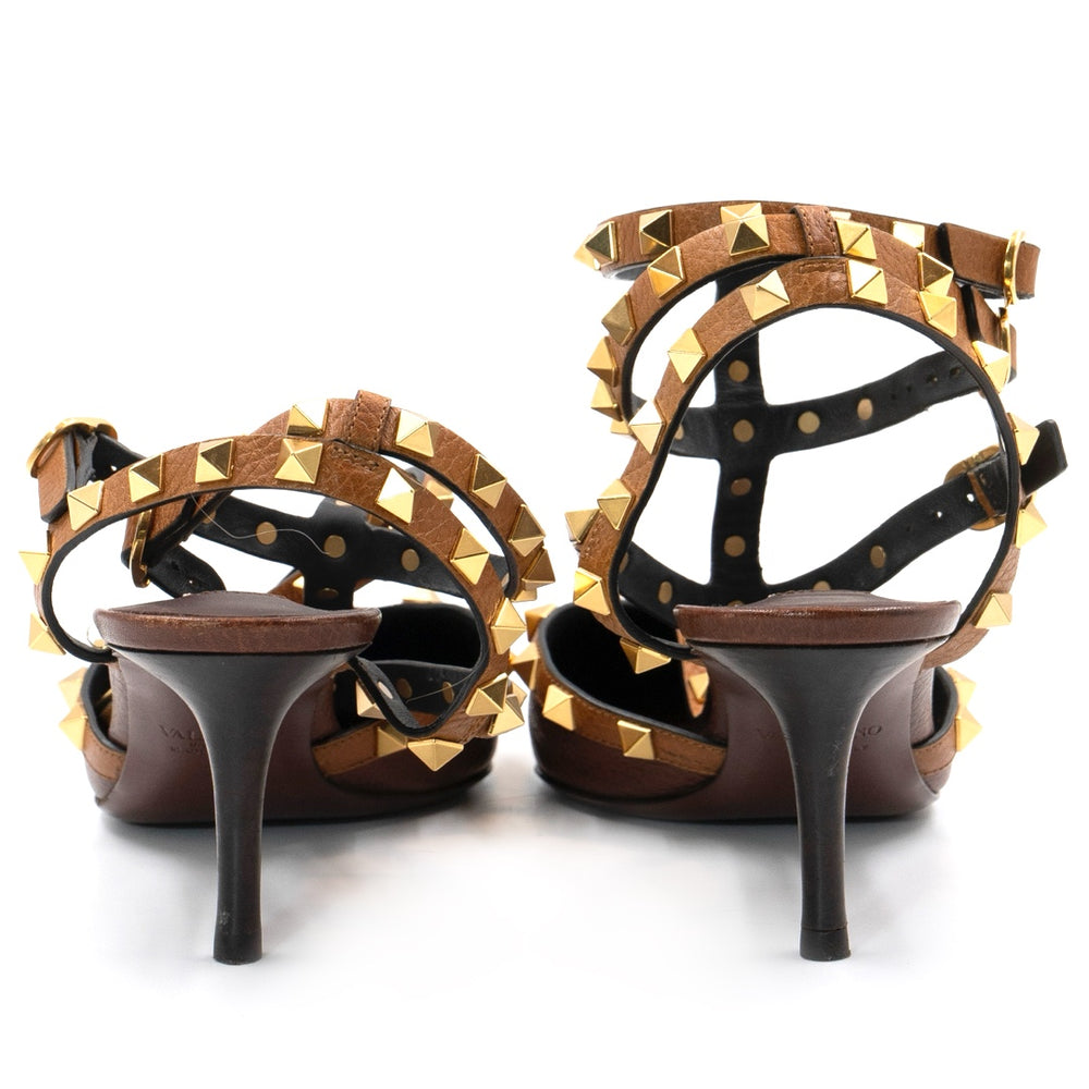 Valentino Garavani Brown Leather Rockstud Pointed Toe Ankle Strap Sandals - Gemaee  UAE