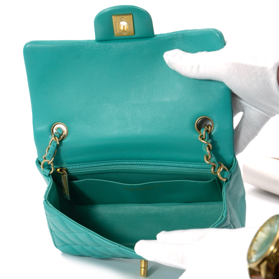 Chanel Turquoise Lambskin Mini Rectangular Flap Bag