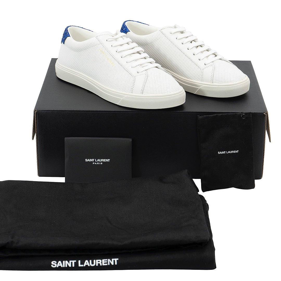 Saint Laurent Andy White Leather Sneakers with Blue Glitter Heel Tab