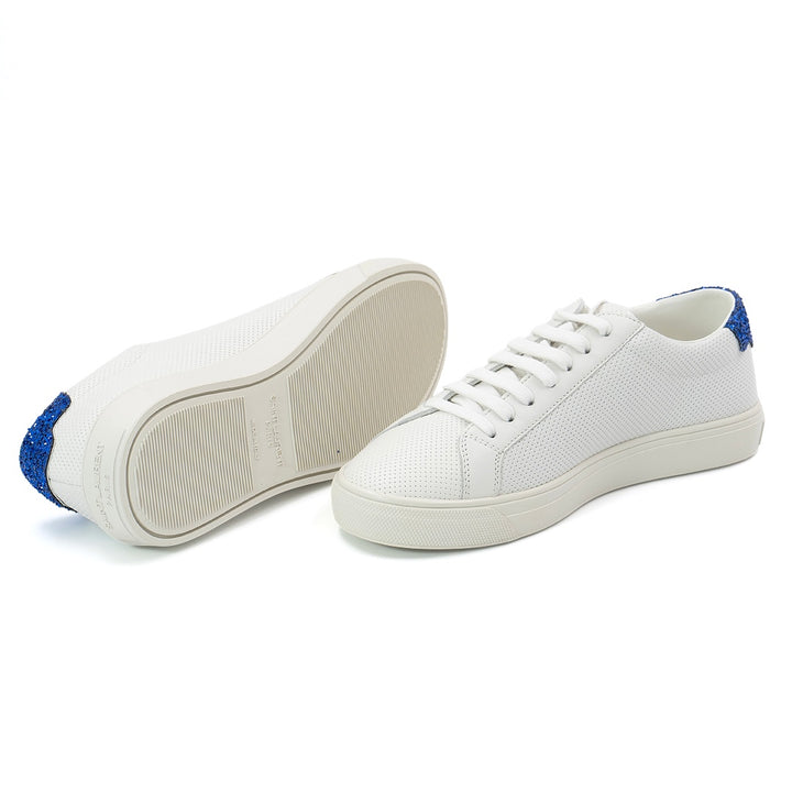 Saint Laurent Andy White Leather Sneakers with Blue Glitter Heel Tab