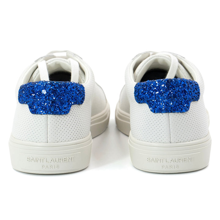 Saint Laurent Andy White Leather Sneakers with Blue Glitter Heel Tab