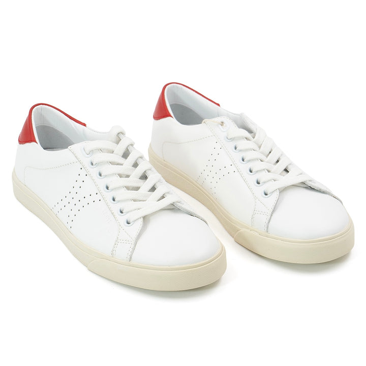 Celine Triomphe Low-Top Sneakers in White Leather with Red Heel Tab