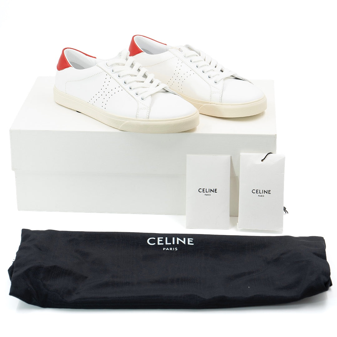 Celine Triomphe Low-Top Sneakers in White Leather with Red Heel Tab