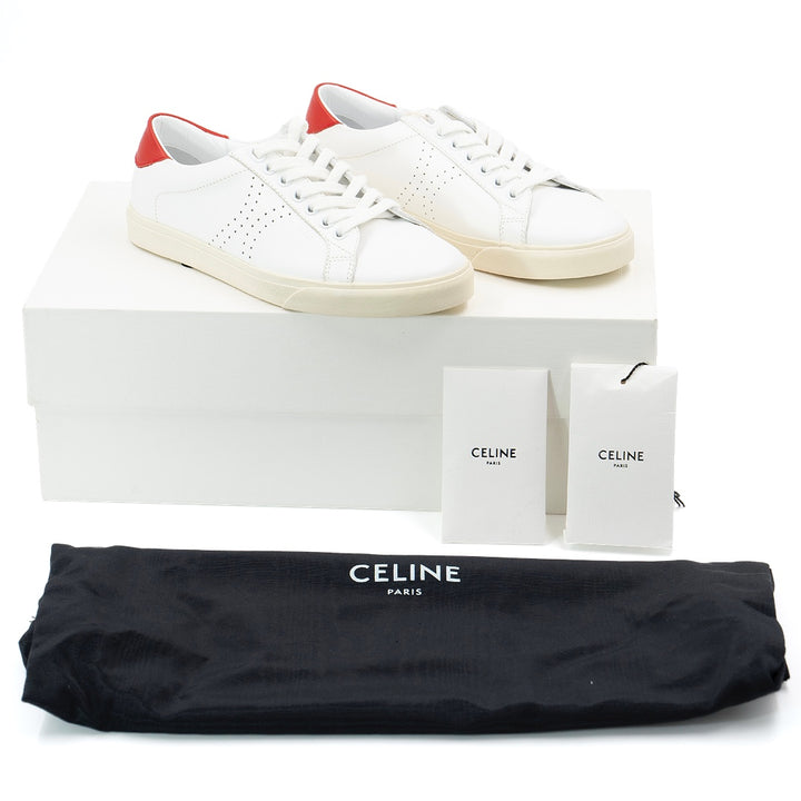 Celine Triomphe Low-Top Sneakers in White Leather with Red Heel Tab