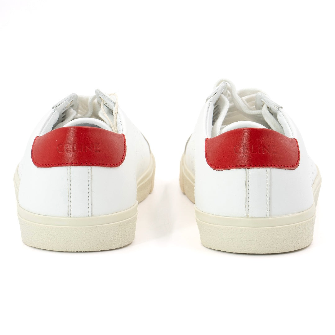 Celine Triomphe Low-Top Sneakers in White Leather with Red Heel Tab