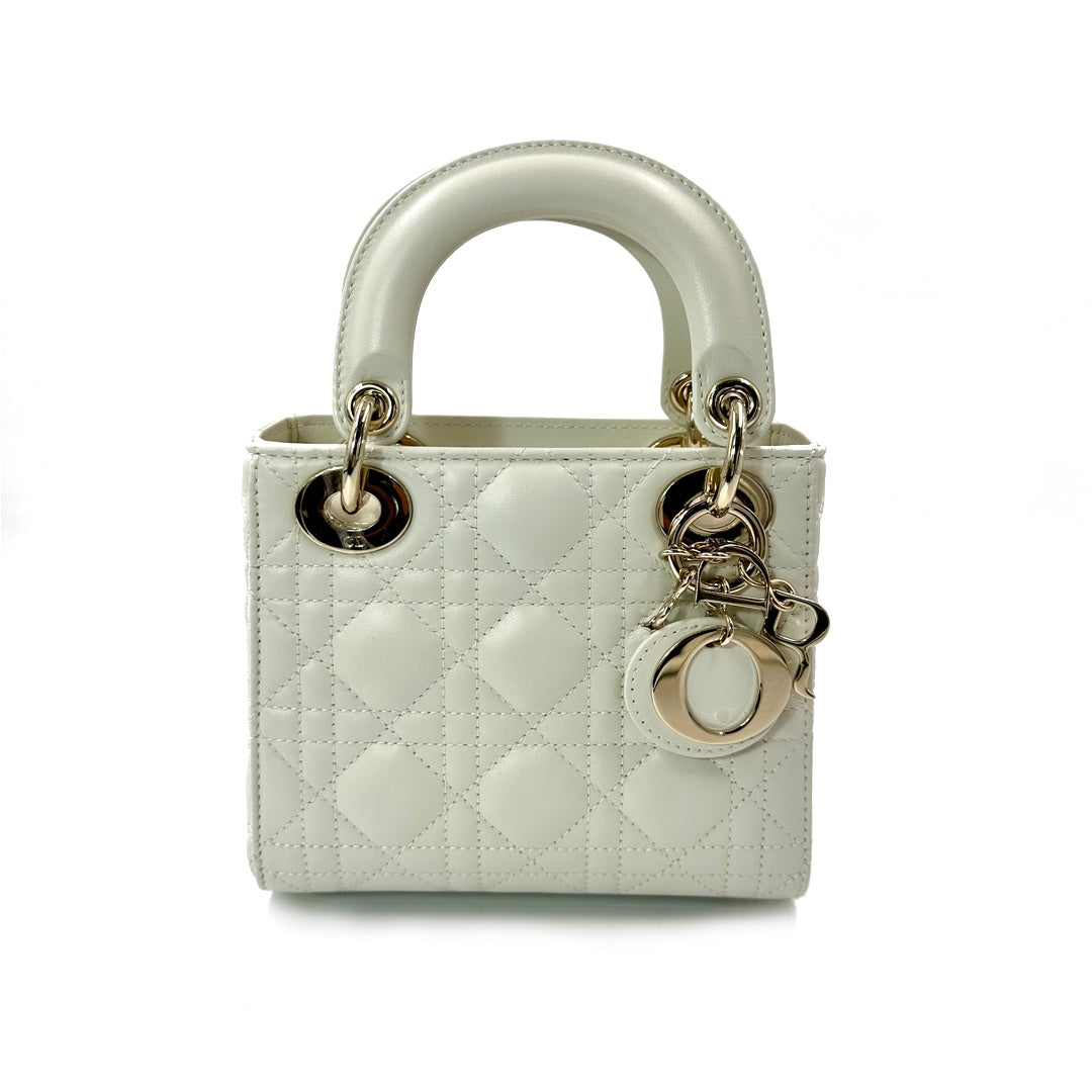 Dior White Cannage Leather Mini Lady Dior Tote - Gemaee  UAE