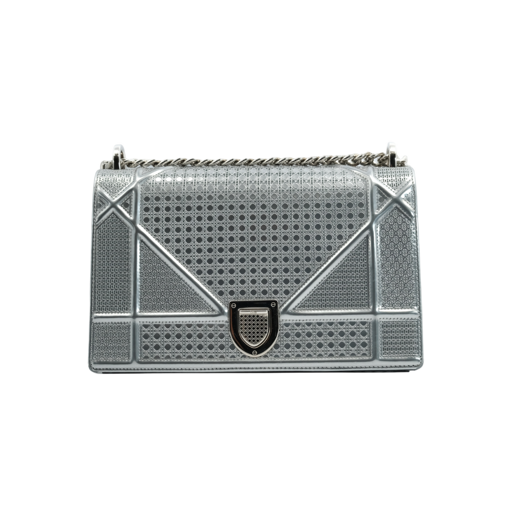 Dior Silver Metallic Leather Medium Diorama Bag - Gemaee  UAE