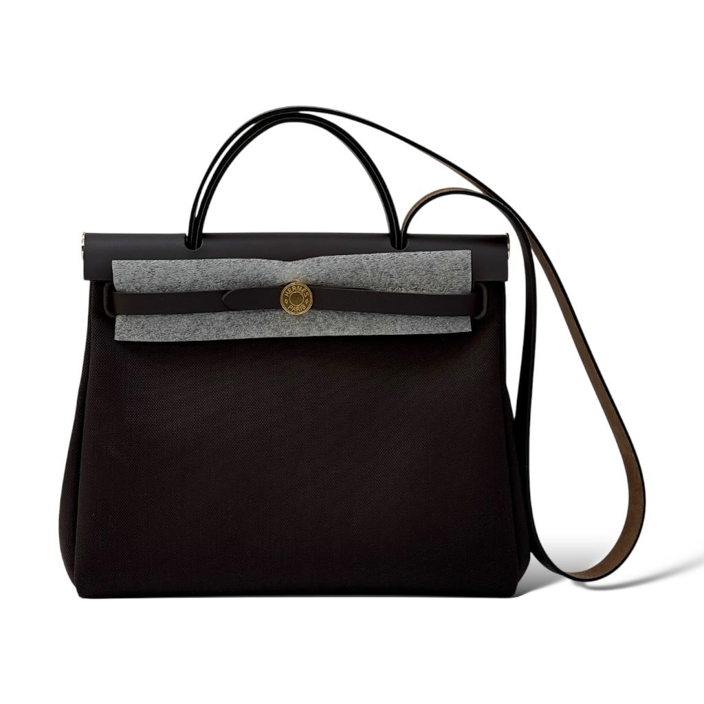 Hermès Herbag Zip 31 Retourne Bag in Dark Bronze Canvas with Ebene Leather Trim - Gemaee  UAE