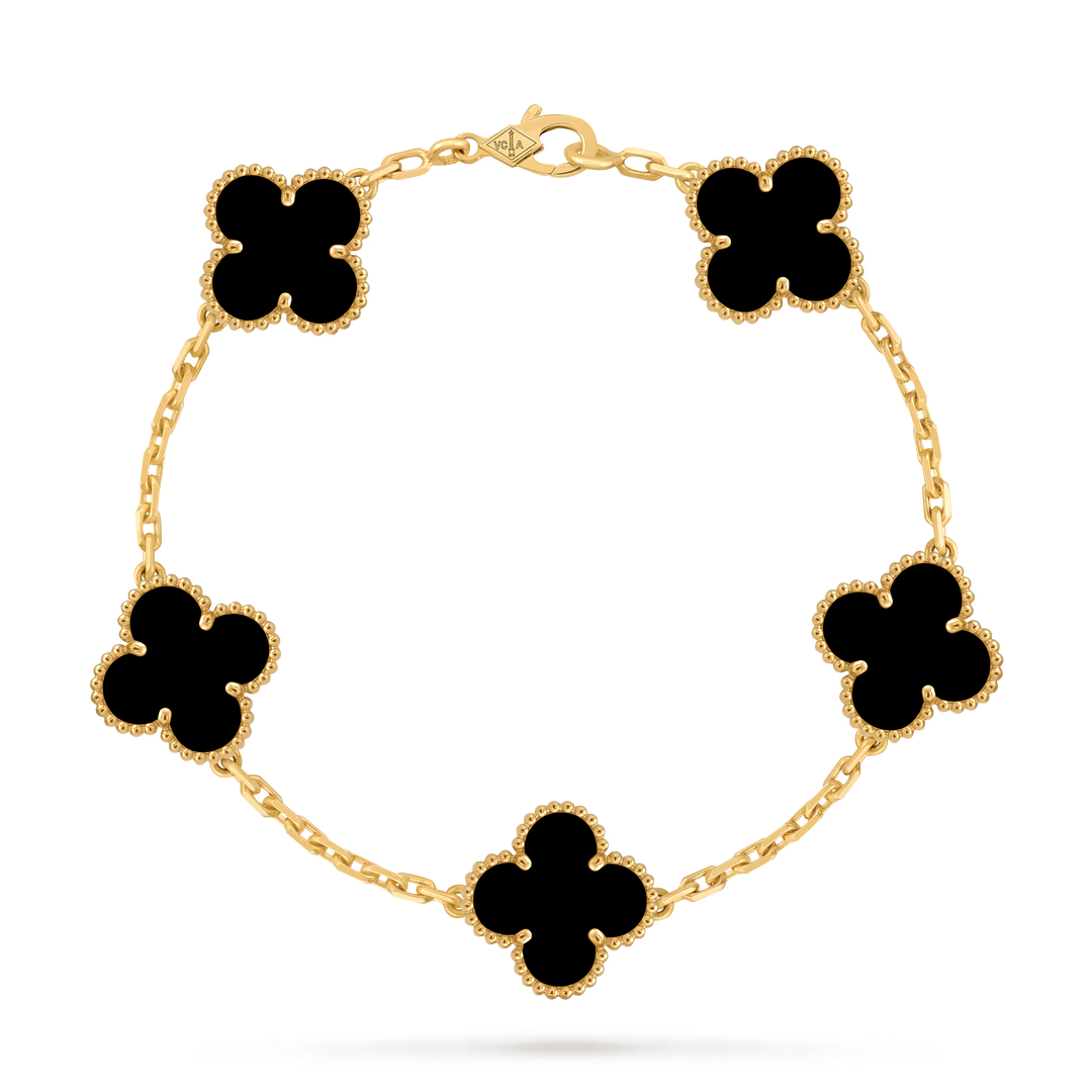 Van Cleef & Arpels Vintage Alhambra 5 Motifs Bracelet in 18K Yellow Gold with Onyx - Gemaee  UAE