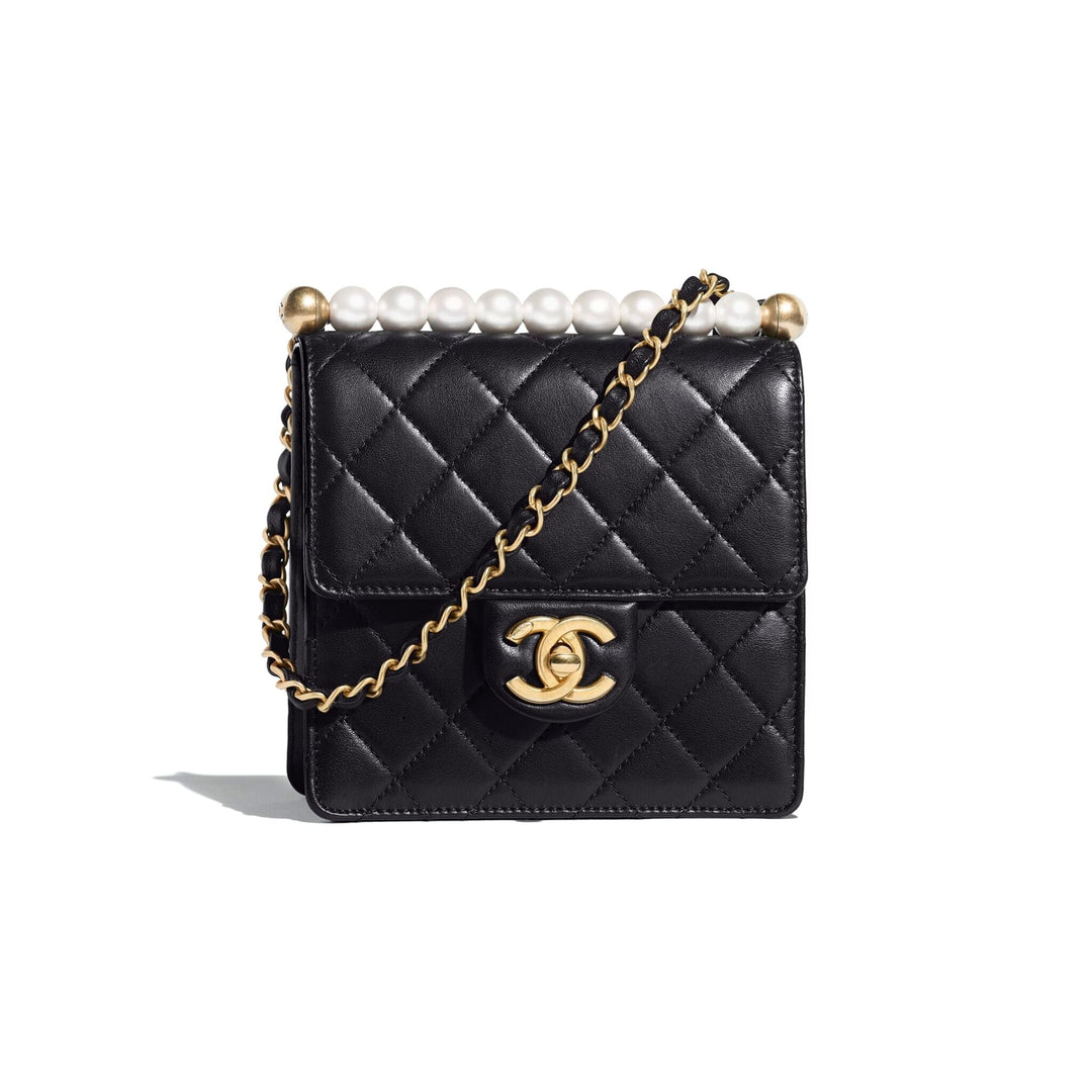 Chanel black quilted lambskin bag with gold hardware, pre-owned, available at Gemaee