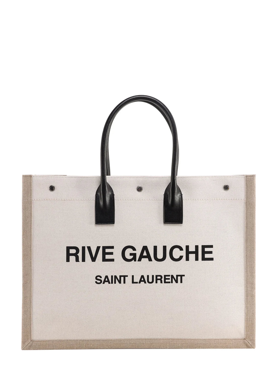 Saint Laurent Rive Gauche Tote Bag in Ecru Canvas with Beige Trim and Black Leather Handles - Gemaee  UAE