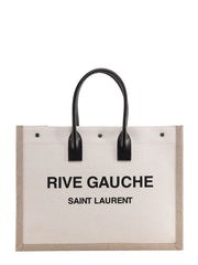 Saint Laurent Rive Gauche Tote Bag in Ecru Canvas with Beige Trim and Black Leather Handles