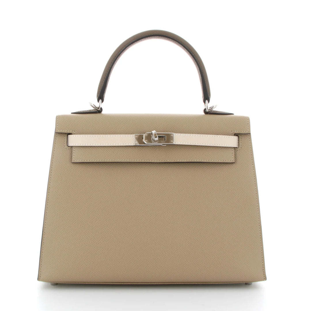 Hermès Kelly 25 Tricolor Bag in Trench, Craie & Étoupe Epsom Leather with Palladium Hardware - Gemaee  UAE