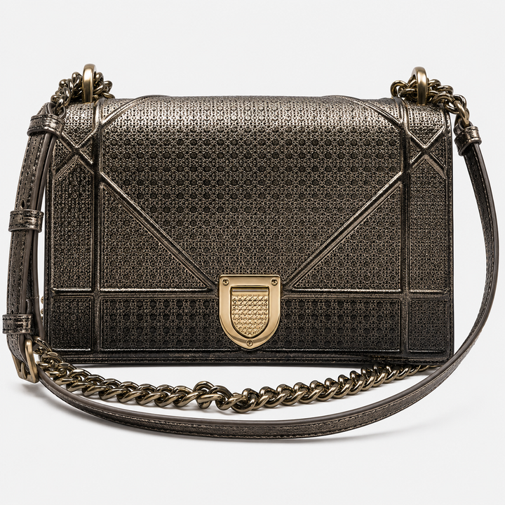 Dior Diorama Medium Ombre Gold Black Microcannage Metallic Leather Flap Bag