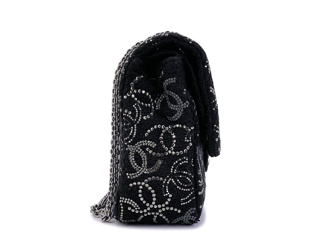 Chanel Jumbo Classic Single Flap Bag in Black Tweed with Strass Crystal CC and Silver-Tone Hardware