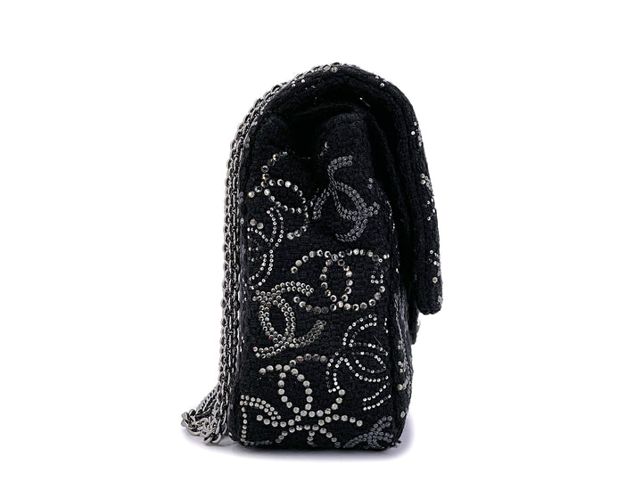 Chanel Jumbo Classic Single Flap Bag in Black Tweed with Strass Crystal CC and Silver-Tone Hardware