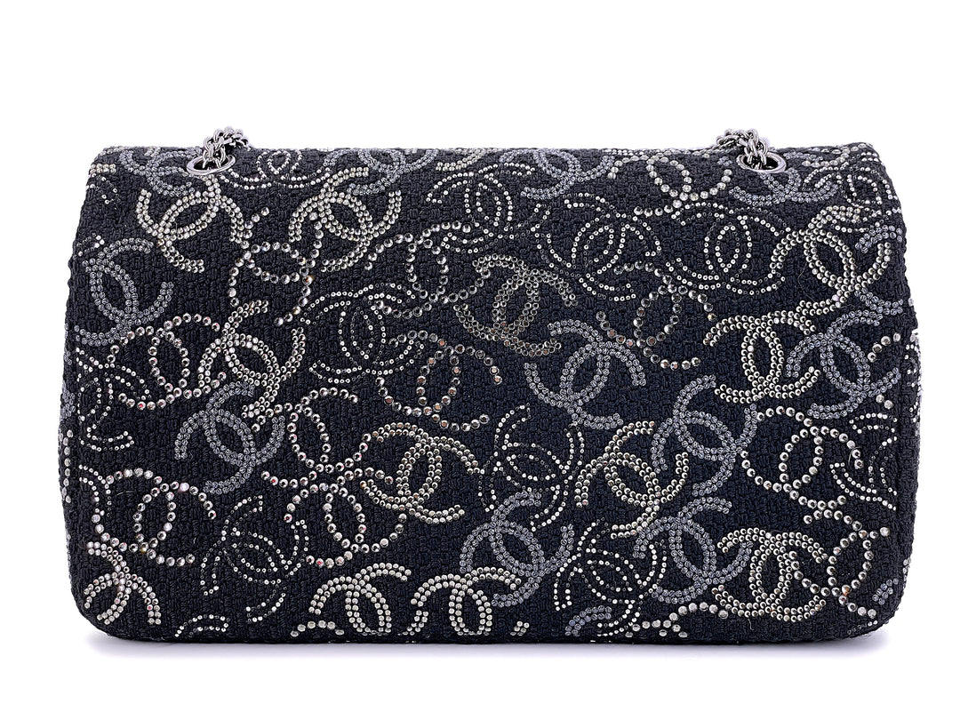 Chanel Jumbo Classic Single Flap Bag in Black Tweed with Strass Crystal CC and Silver-Tone Hardware