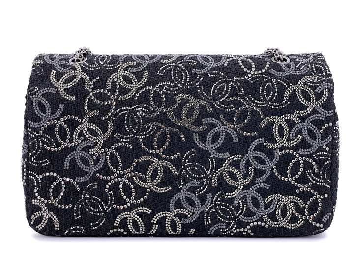 Chanel Jumbo Classic Single Flap Bag in Black Tweed with Strass Crystal CC and Silver-Tone Hardware